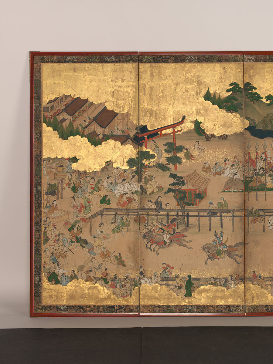 Horse Racing at Kamo Shrine, Pair of six-panel folding screens; ink, color, gold and gold leaf on paper, Japan