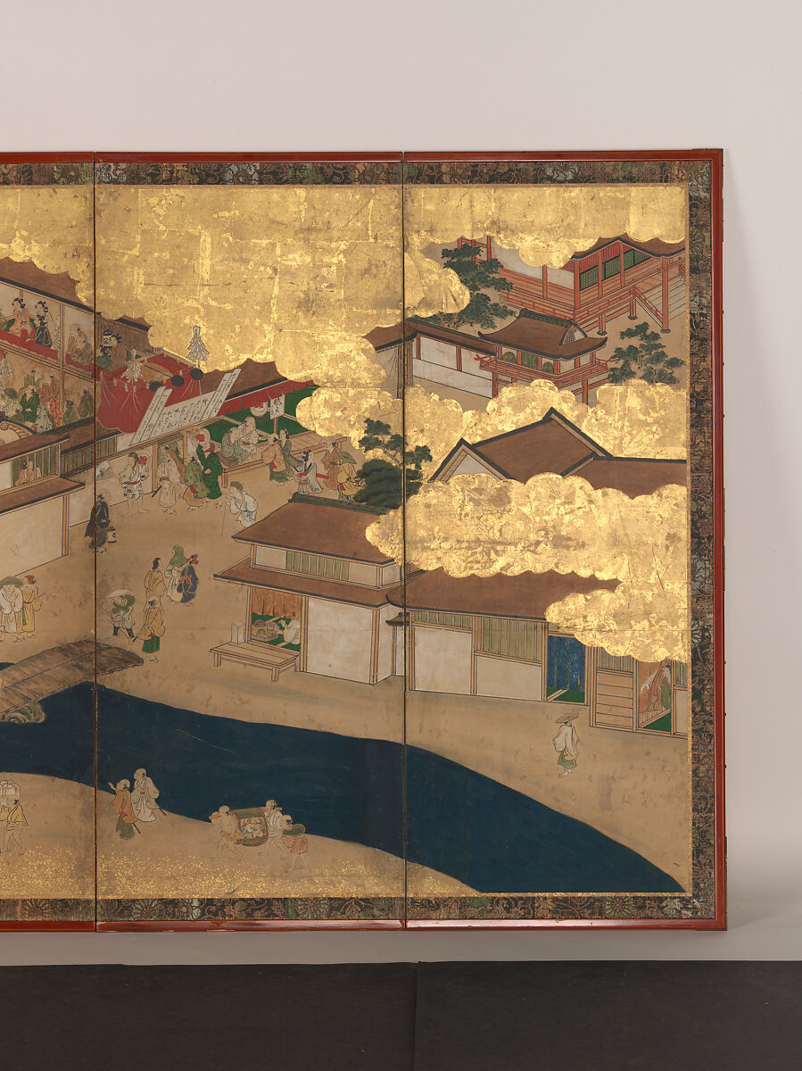 Horse Racing at Kamo Shrine, Pair of six-panel folding screens; ink, color, gold and gold leaf on paper, Japan