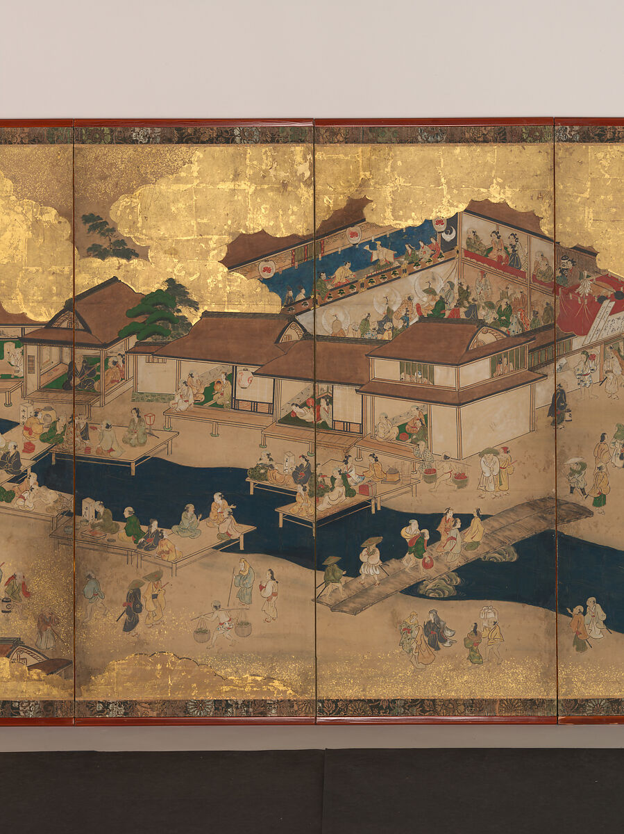 Horse Racing at Kamo Shrine, Pair of six-panel folding screens; ink, color, gold and gold leaf on paper, Japan