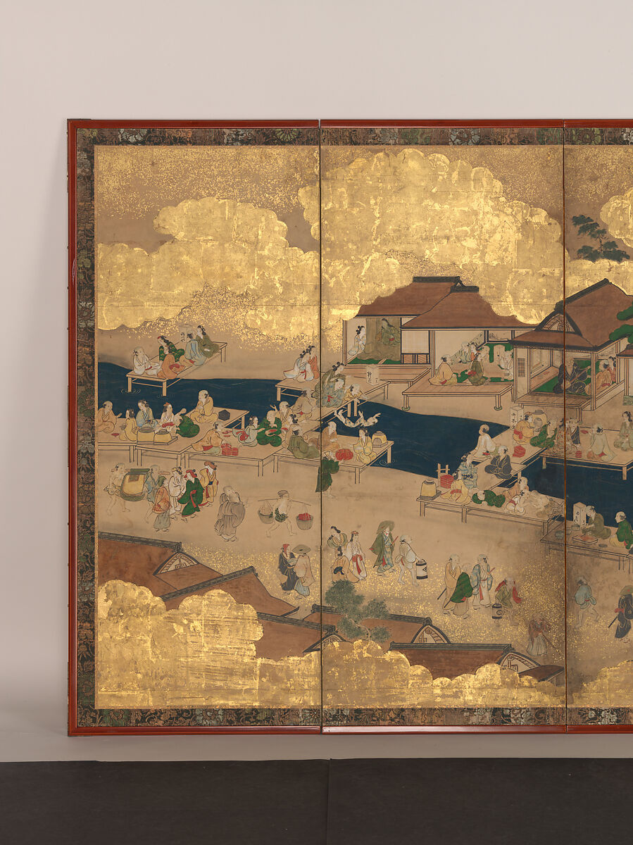 Horse Racing at Kamo Shrine, Pair of six-panel folding screens; ink, color, gold and gold leaf on paper, Japan