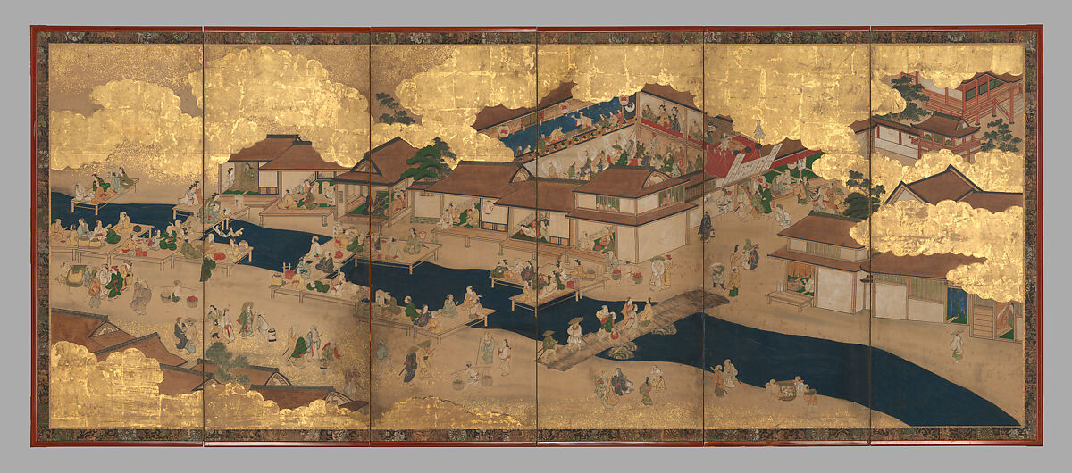 Horse Racing at Kamo Shrine, Pair of six-panel folding screens; ink, color, gold and gold leaf on paper, Japan