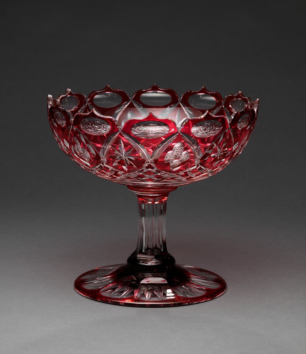 Compote, Probably New England Glass Company (American, East Cambridge, Massachusetts, 1818–1888), Red-cut-to-clear-glass, American 