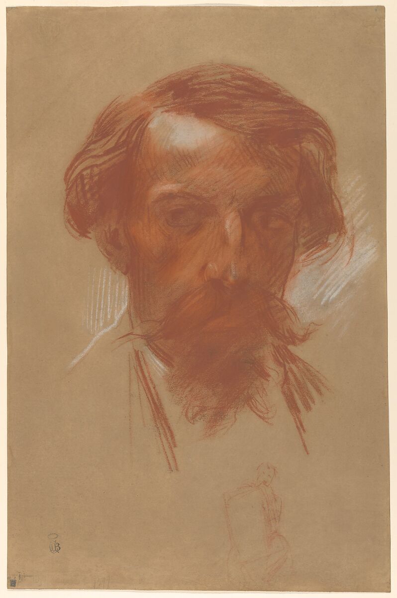 Self-Portrait, Jean-Baptiste Carpeaux (French, Valenciennes 1827–1875 Courbevoie), Red and brown chalk, heightened with white on tan paper 