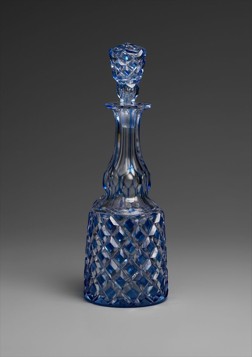 Decanter with stopper, Brooklyn Flint Glass Company (New York, 1824–68), Blue-cut-to-clear glass, American 