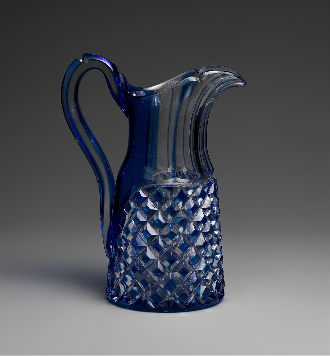 Pitcher, Brooklyn Flint Glass Company (American, Brooklyn, New York, 1824–1868), Blue-cut-to-clear glass, American 