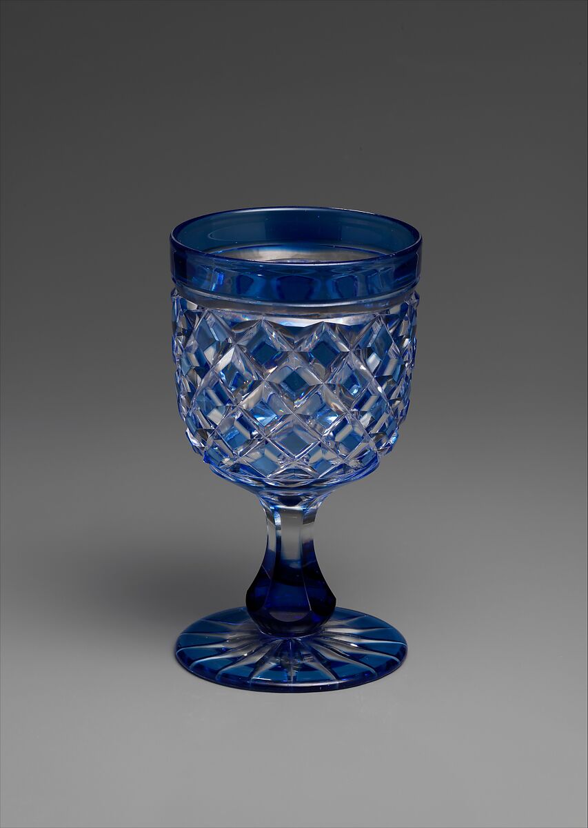 Goblet, Brooklyn Flint Glass Company (American, Brooklyn, New York, 1824–1868), Blue-cut-to-clear glass, American 