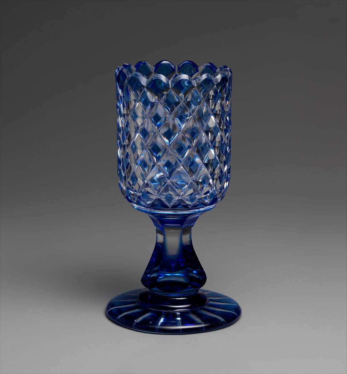 Celery vase, Brooklyn Flint Glass Company (American, Brooklyn, New York, 1824–1868), Blue-cut-to-clear glass, American 