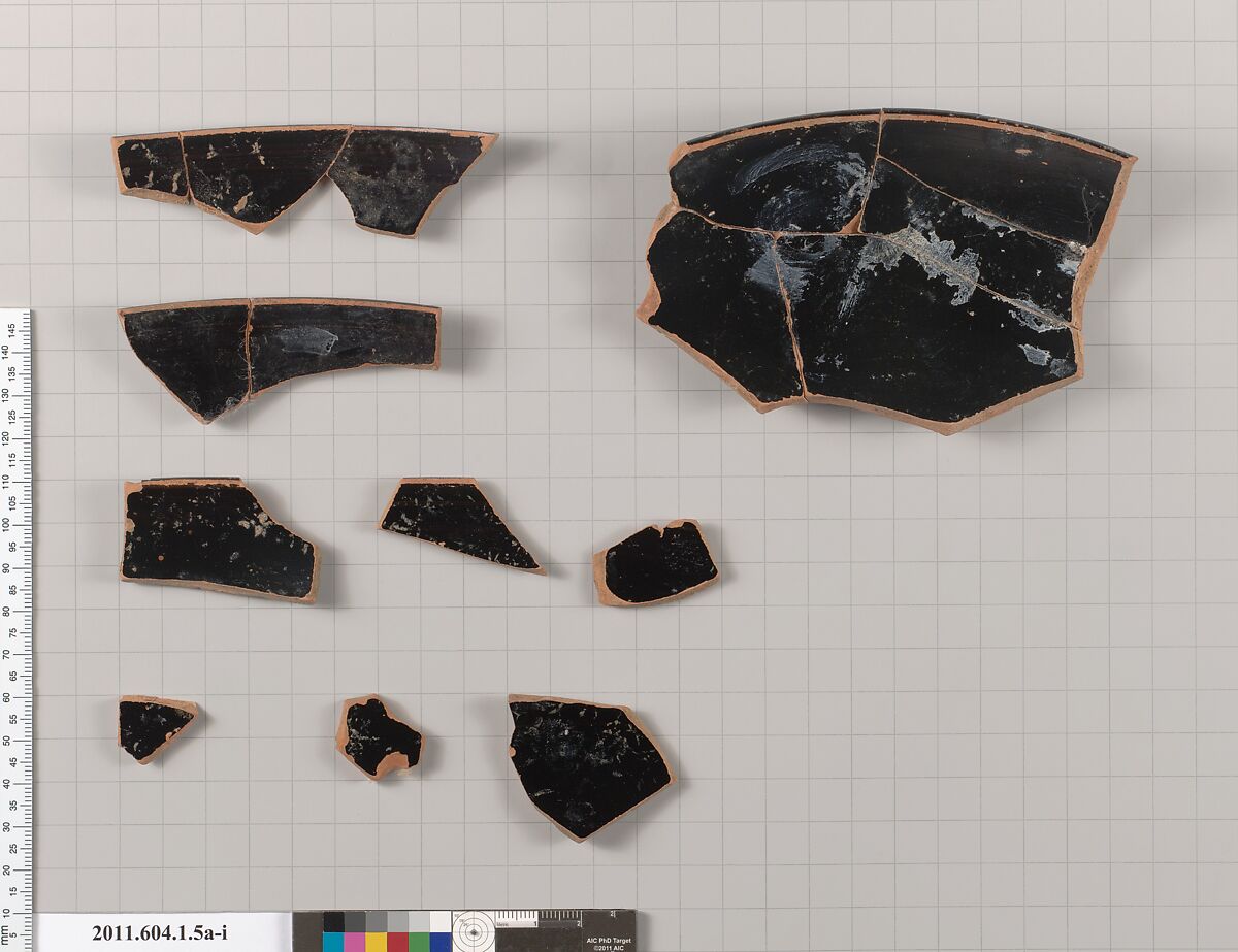 Terracotta fragments of a kylix (drinking cup), Terracotta, Greek, Attic