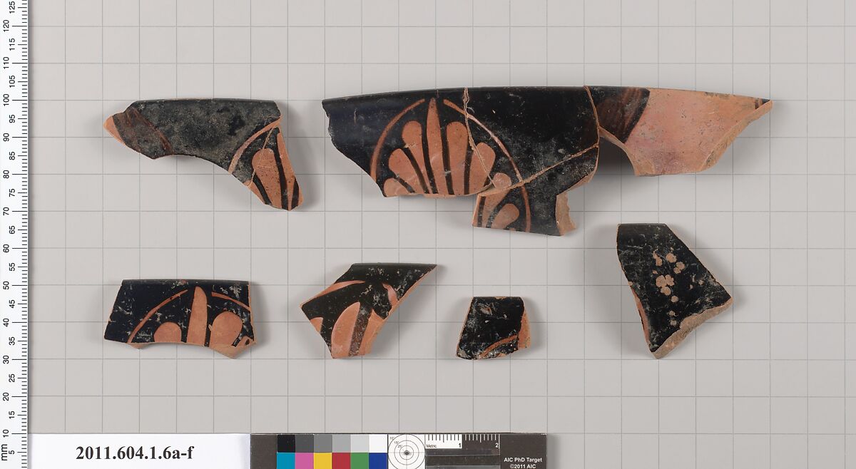 Terracotta rim fragments of a kylix (drinking cup), Terracotta, Greek, Attic 