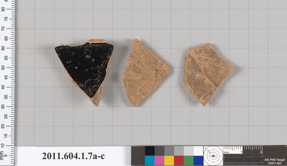Terracotta fragments of a kylix (drinking cup), Terracotta, Greek, Attic