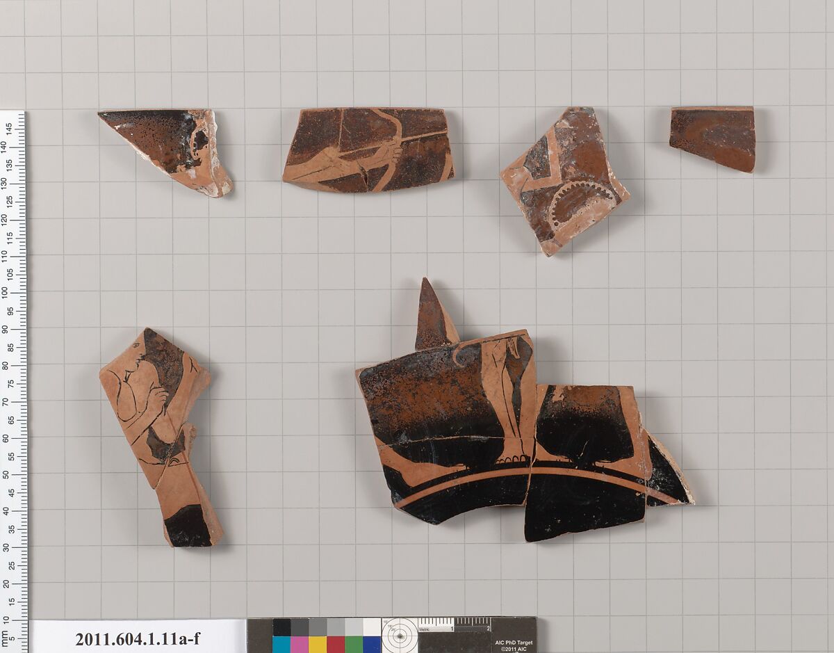 Terracotta fragments of a kylix (drinking cup), Terracotta, Greek, Attic