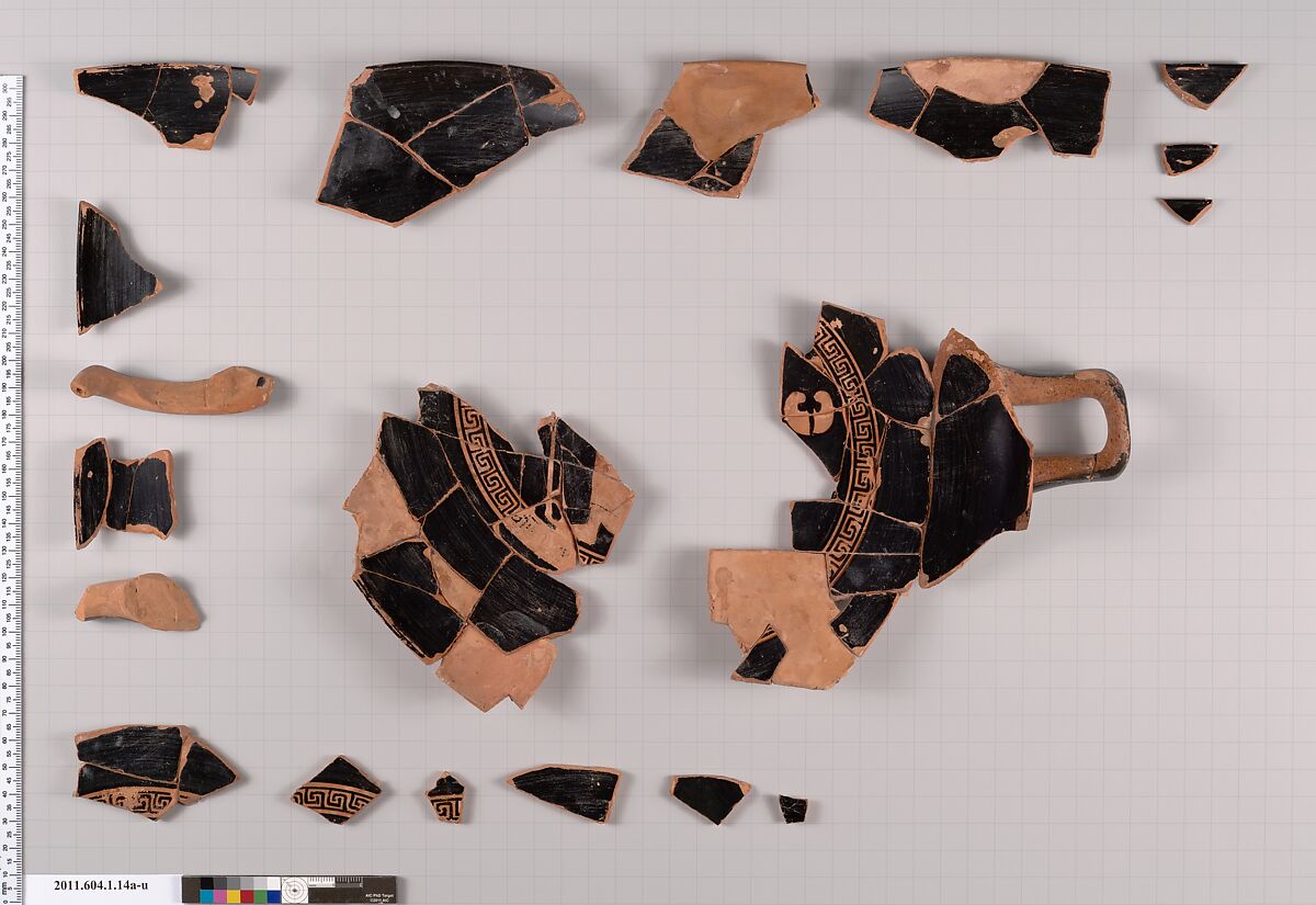 Terracotta fragments of a kylix (drinking cup), Terracotta, Greek, Attic 