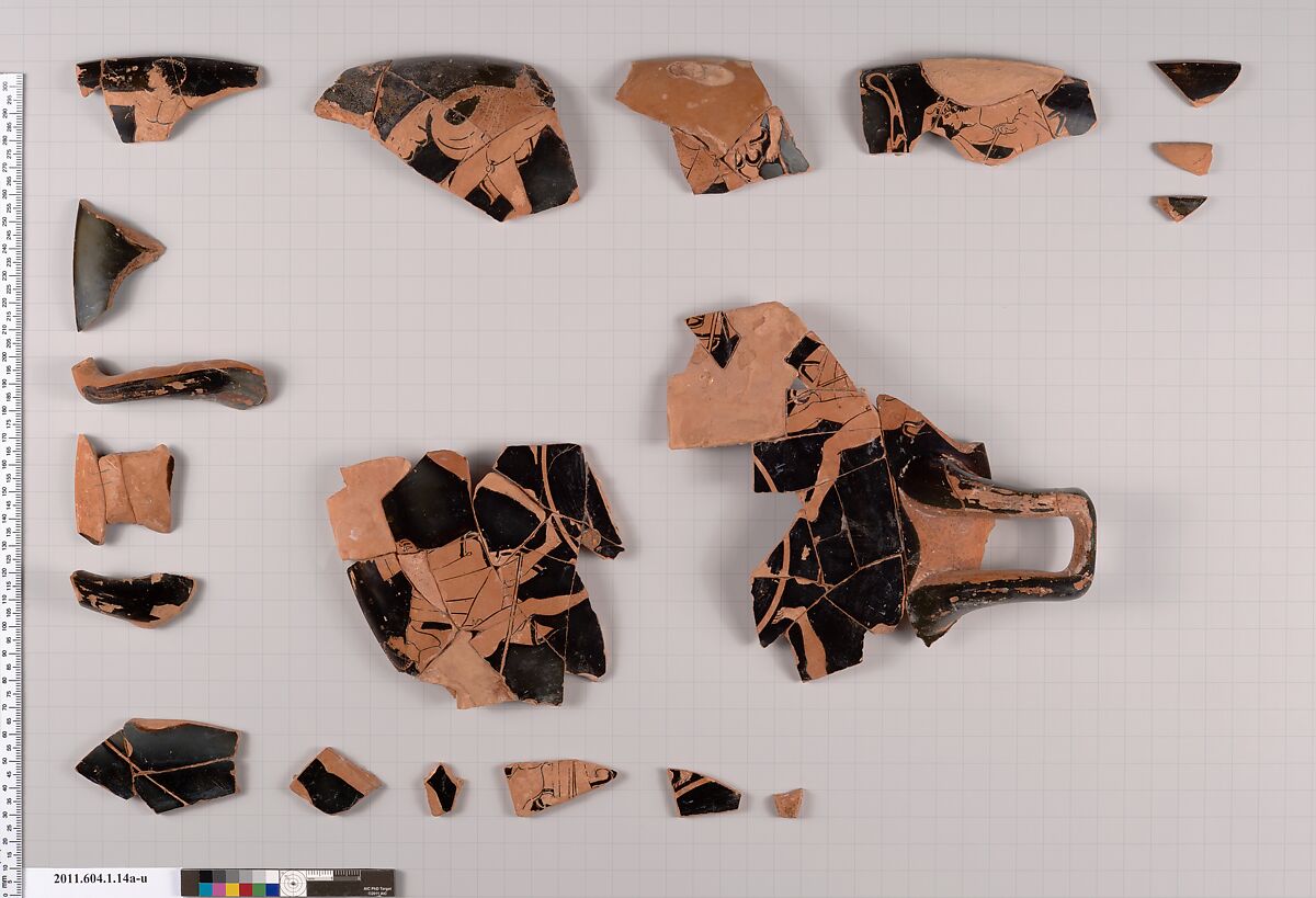Terracotta fragments of a kylix (drinking cup), Terracotta, Greek, Attic