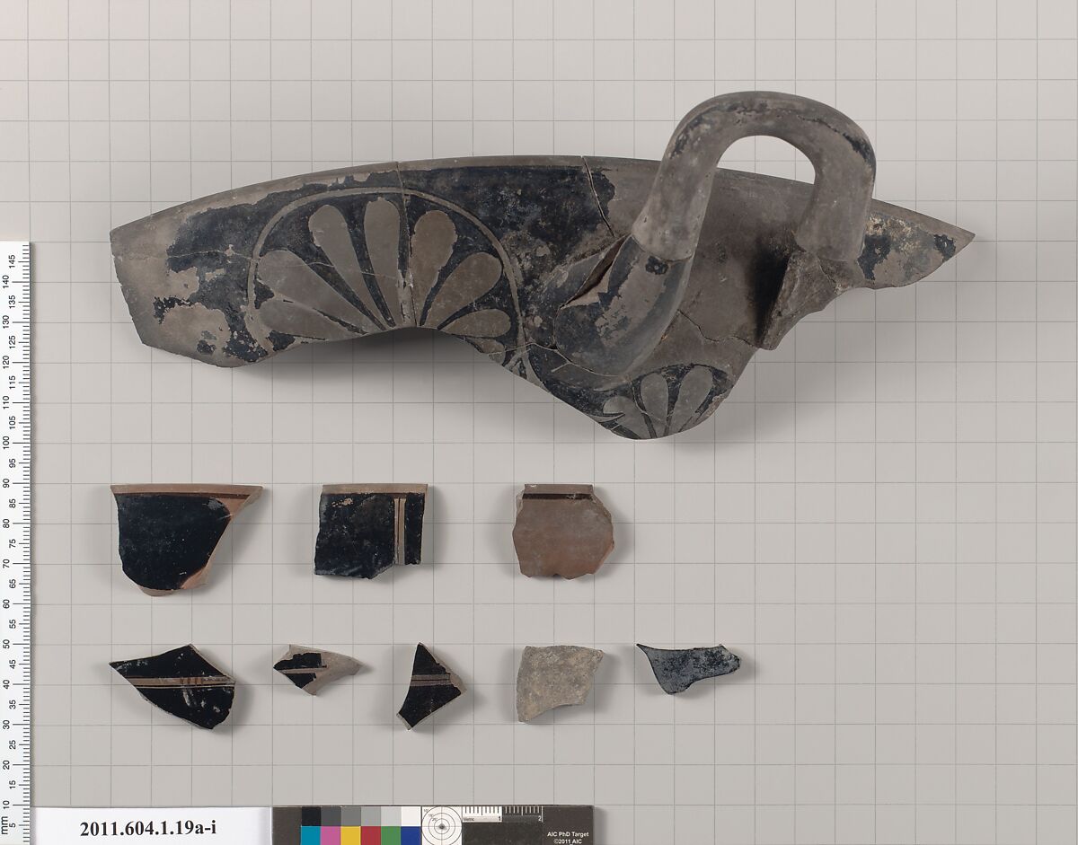 Terracotta fragments of a kylix (drinking cup), Terracotta, Greek, Attic
