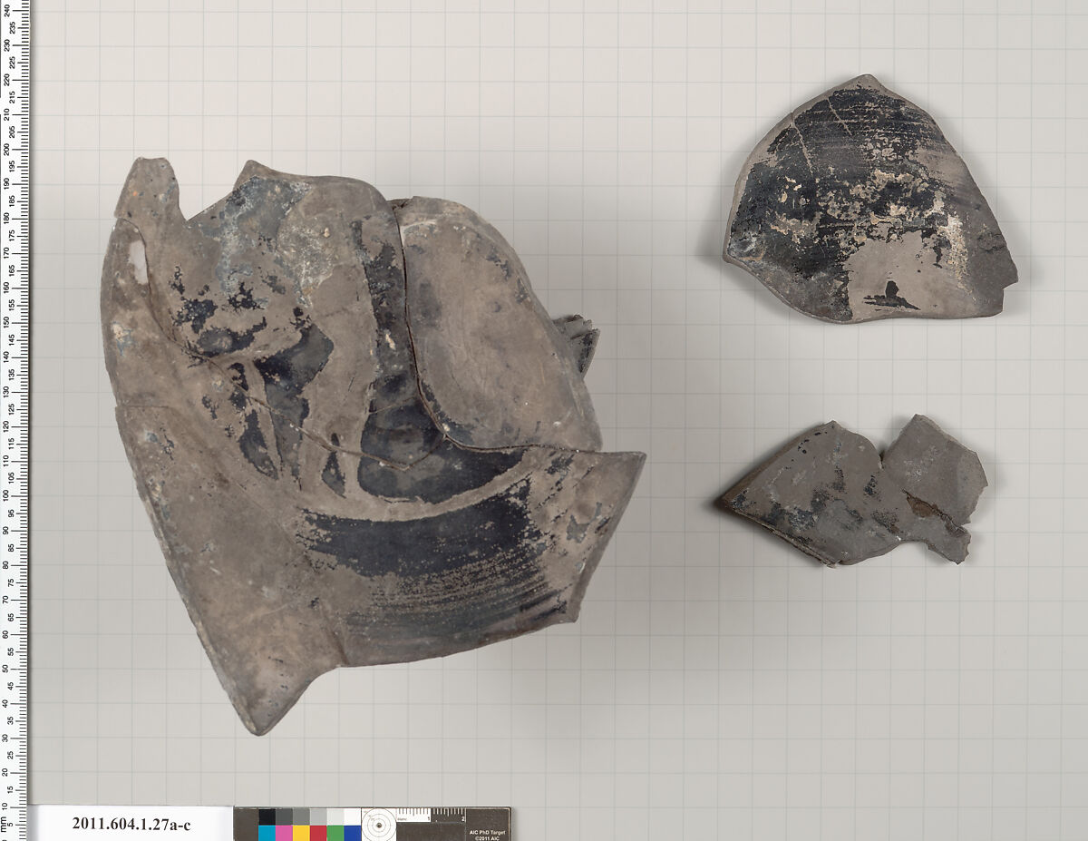Terracotta fragments of a kylix (drinking cup), Terracotta, Greek, Attic 