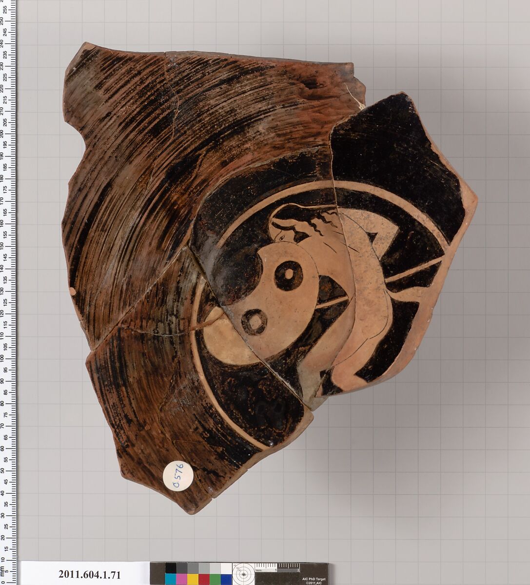 Terracotta fragment of a kylix (drinking cup), Terracotta, Greek, Attic 