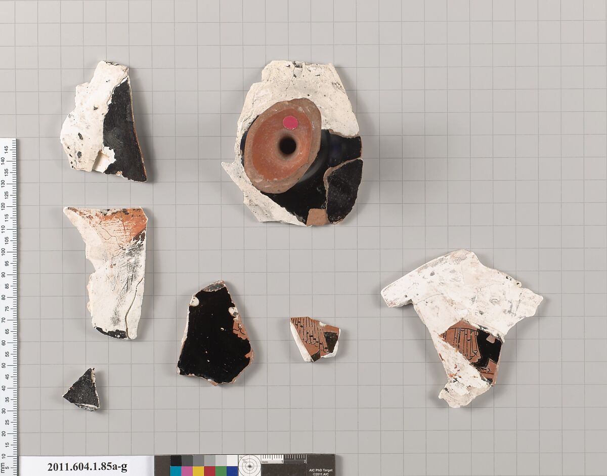 Terracotta fragments of a kylix (drinking cup), Terracotta, Greek, Attic