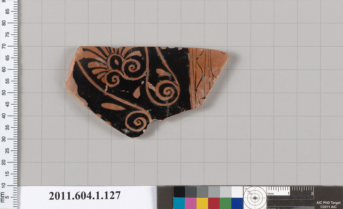 Terracotta fragment of a kylix (drinking cup), Terracotta, Greek, Attic
