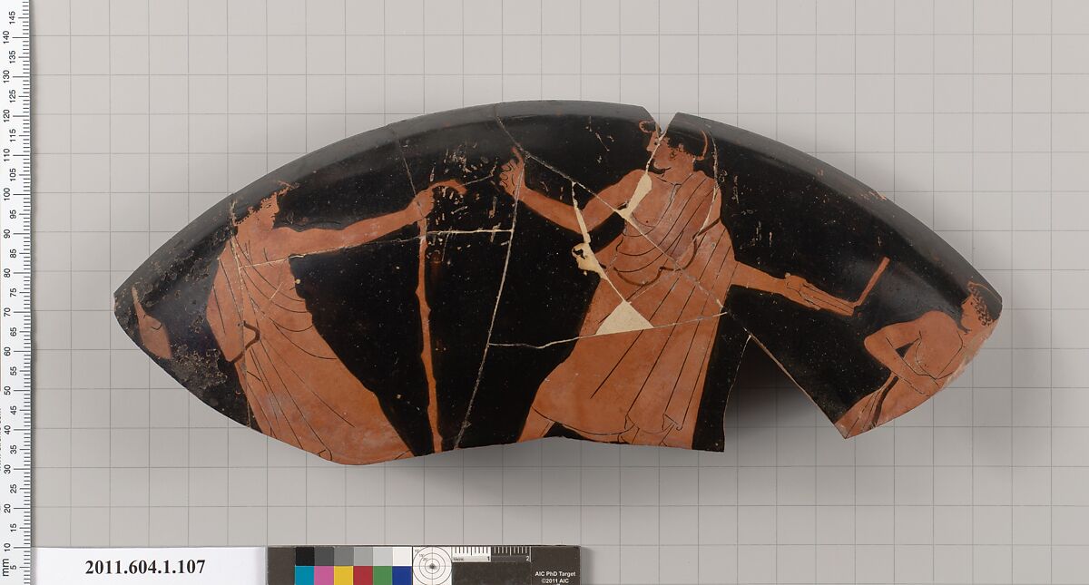 Terracotta fragment of a kylix (drinking cup), Terracotta, Greek, Attic