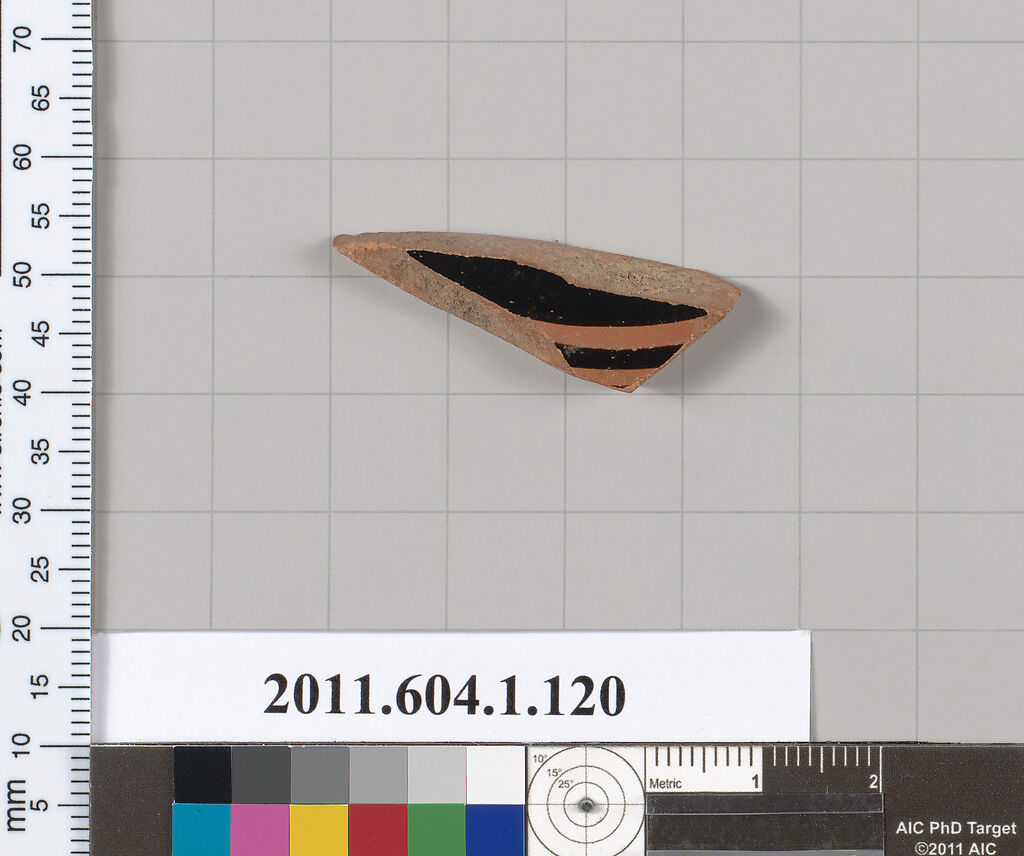 Terracotta fragment of a kylix (drinking cup), Terracotta, Greek, Attic