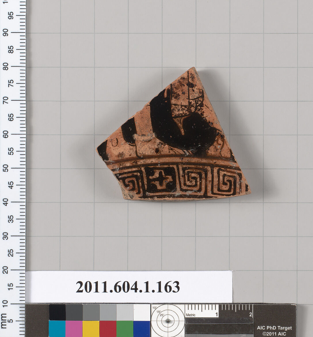 Terracotta fragment of a kylix (drinking cup), Terracotta, Greek, Attic