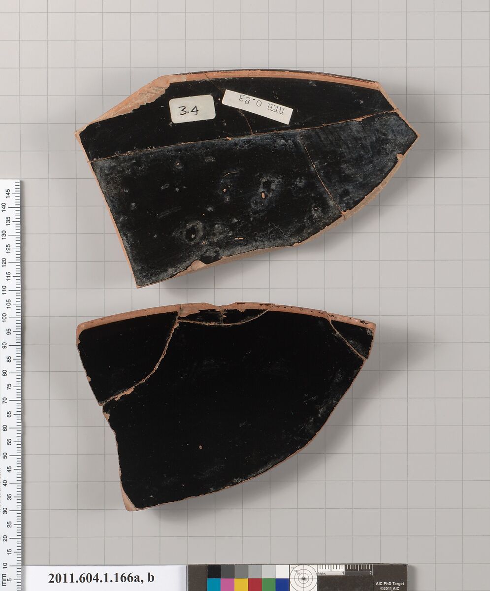 Terracotta rim fragments of a kylix (drinking cup), Terracotta, Greek, Attic