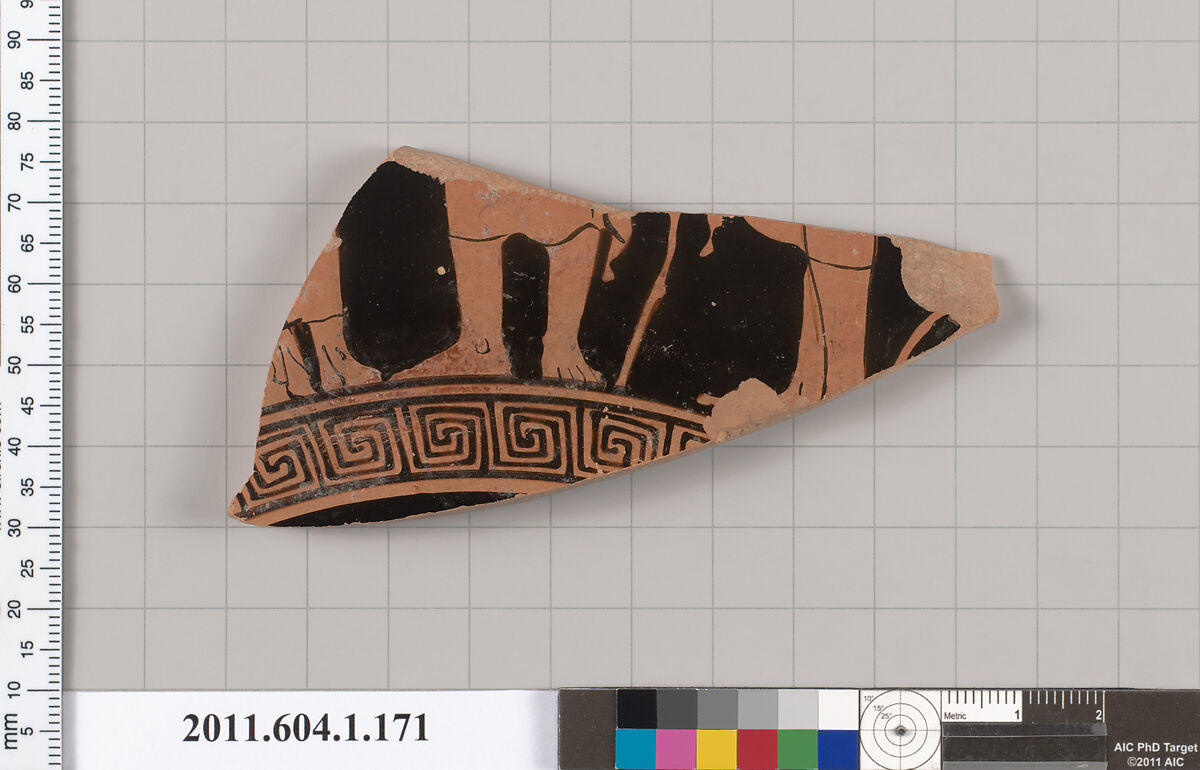 Terracotta fragment of a kylix (drinking cup), Terracotta, Greek, Attic