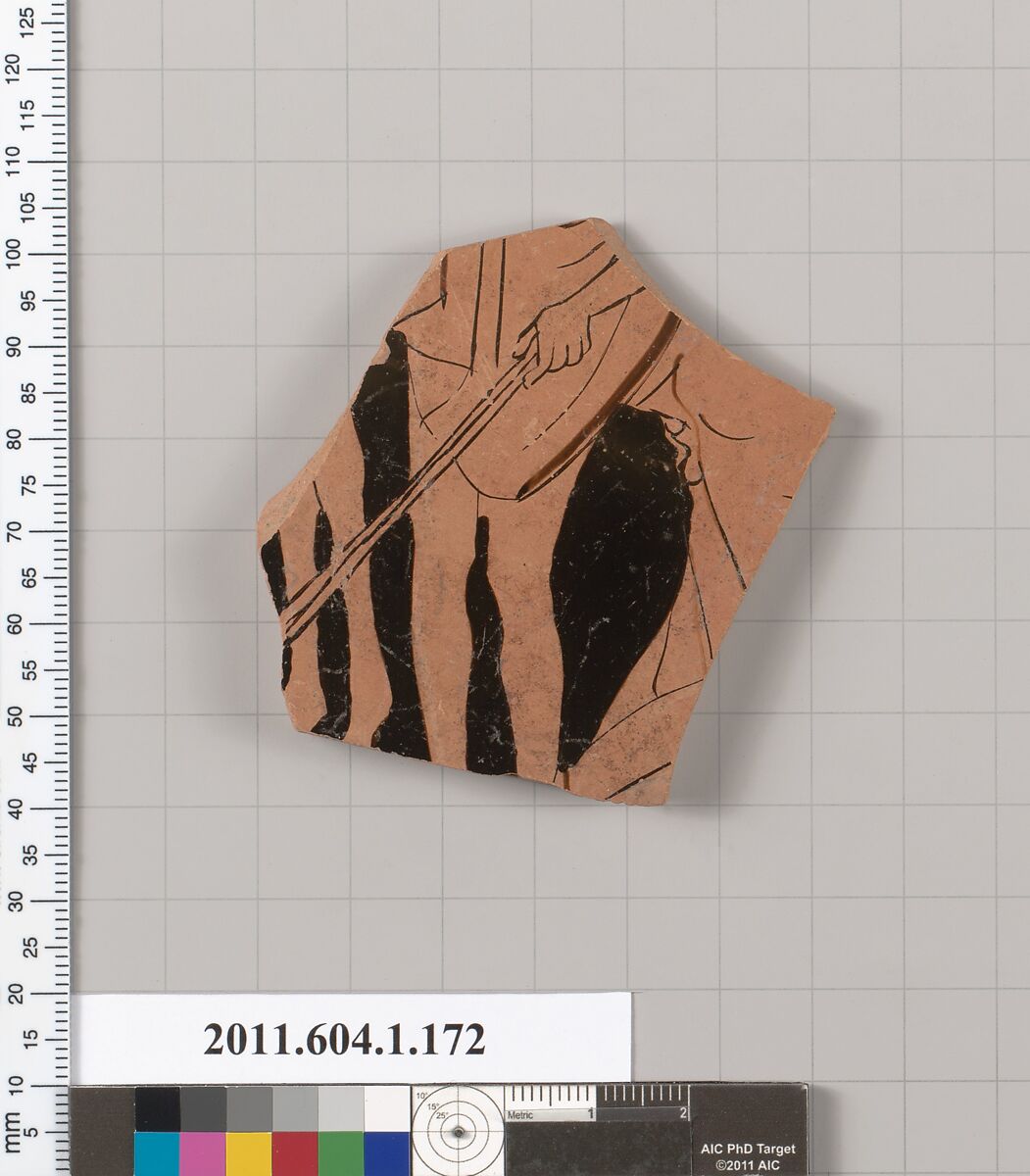 Terracotta fragment of a kylix (drinking cup), Terracotta, Greek, Attic