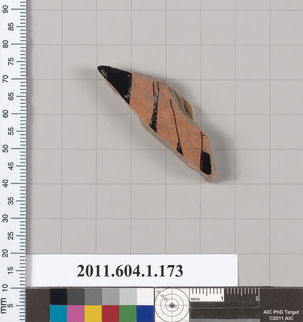 Terracotta fragment of a kylix (drinking cup), Terracotta, Greek, Attic