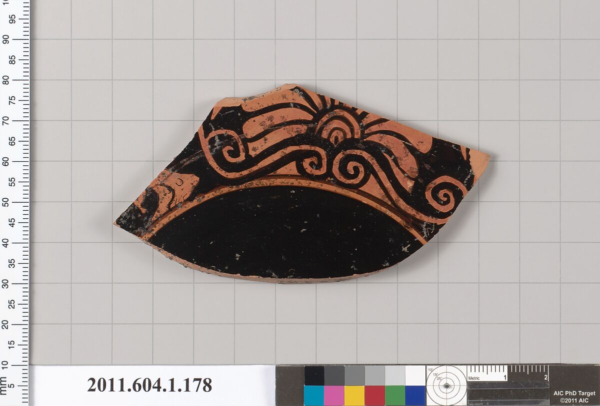 Terracotta fragment of a kylix (drinking cup), Terracotta, Greek, Attic