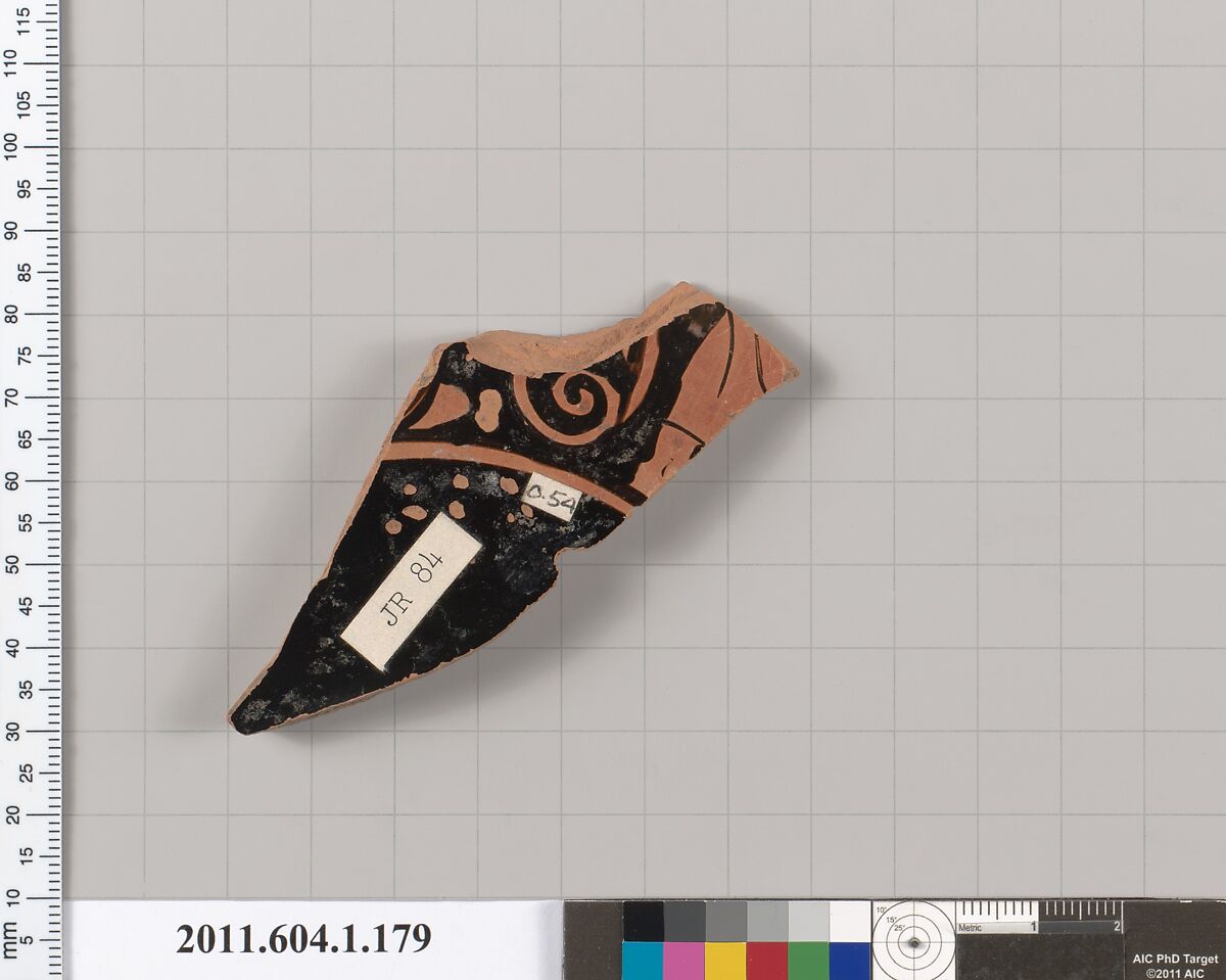 Terracotta fragment of a kylix (drinking cup), Terracotta, Greek, Attic