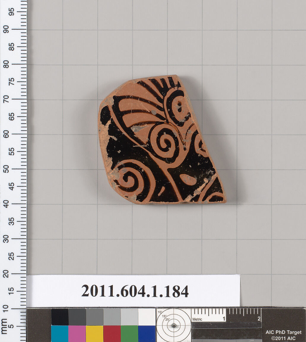 Terracotta fragment of a kylix (drinking cup), Terracotta, Greek, Attic