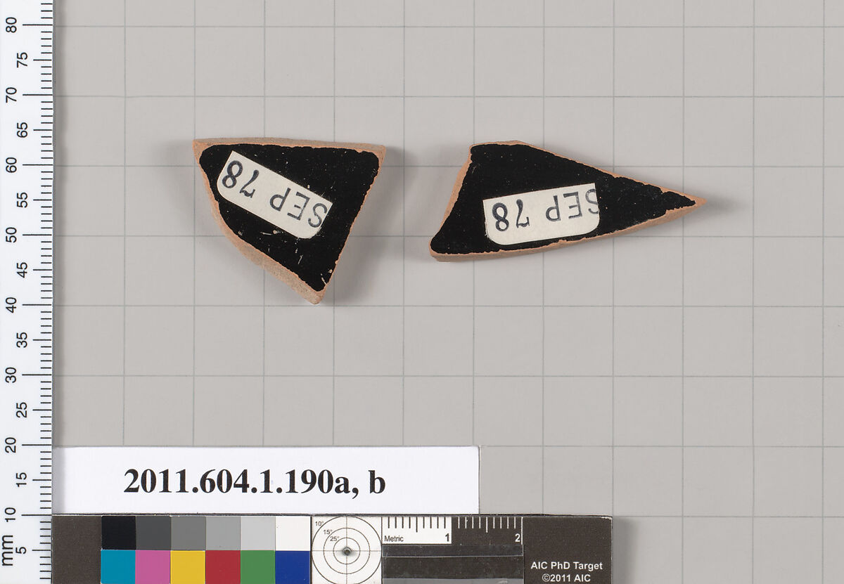 Terracotta fragments of a kylix (drinking cup), Terracotta, Greek, Attic