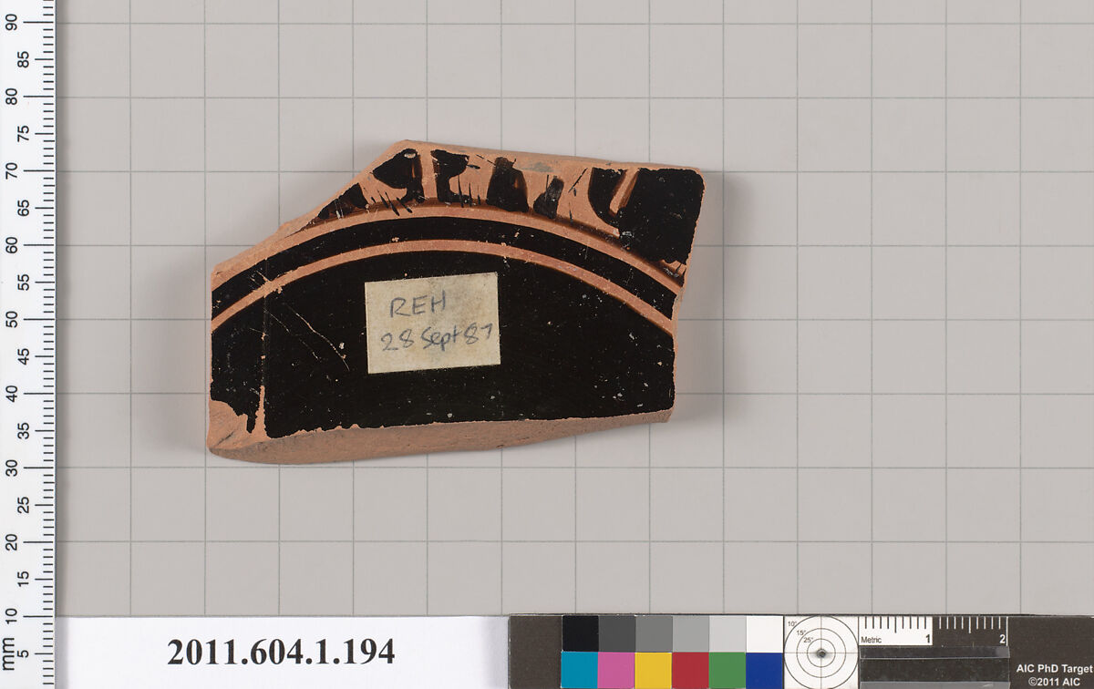 Terracotta fragment of a kylix (drinking cup), Terracotta, Greek, Attic