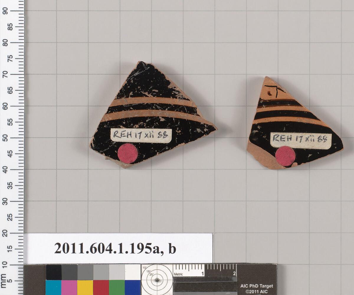 Terracotta fragments of a kylix (drinking cup), Terracotta, Greek, Attic