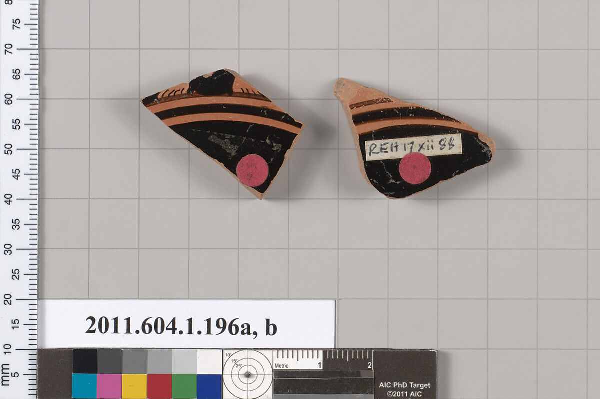 Terracotta fragments of a kylix (drinking cup), Terracotta, Greek, Attic