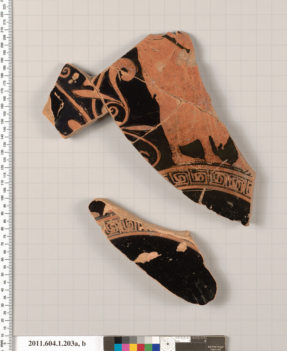 Terracotta fragments of a kylix (drinking cup), Terracotta, Greek, Attic