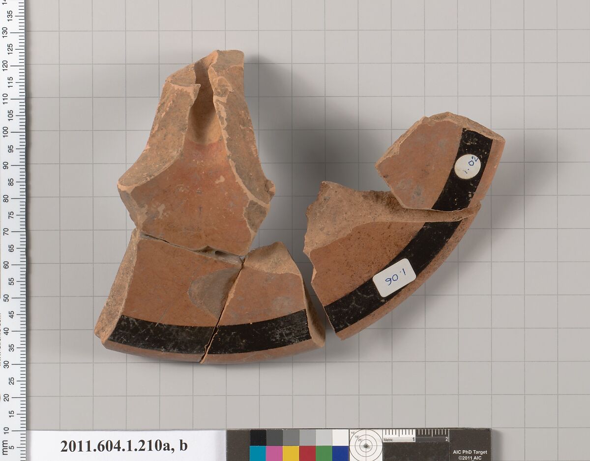 Terracotta fragments of a kylix (drinking cup), Terracotta, Greek, Attic