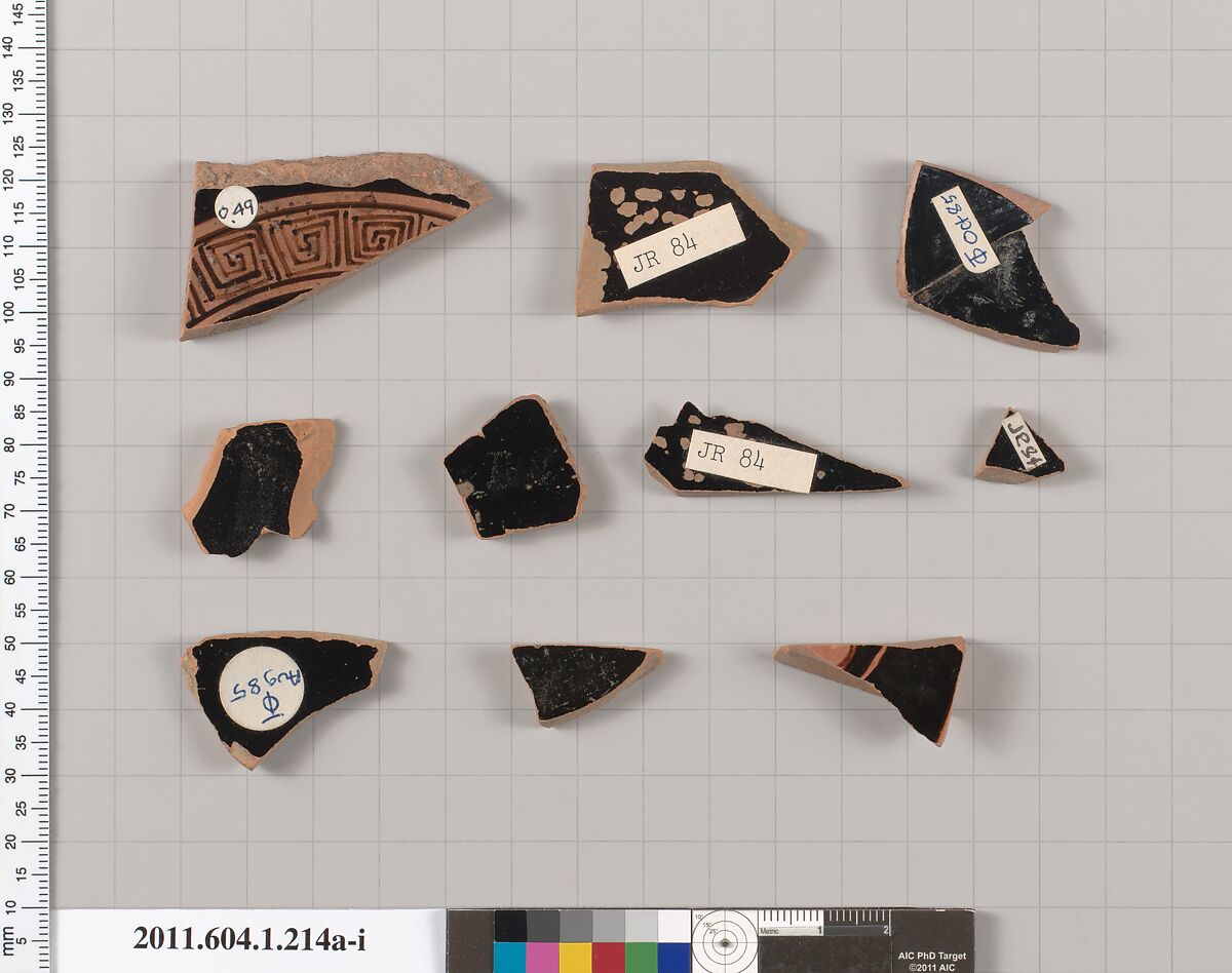 Terracotta fragments of a kylix (drinking cup), Terracotta, Greek, Attic