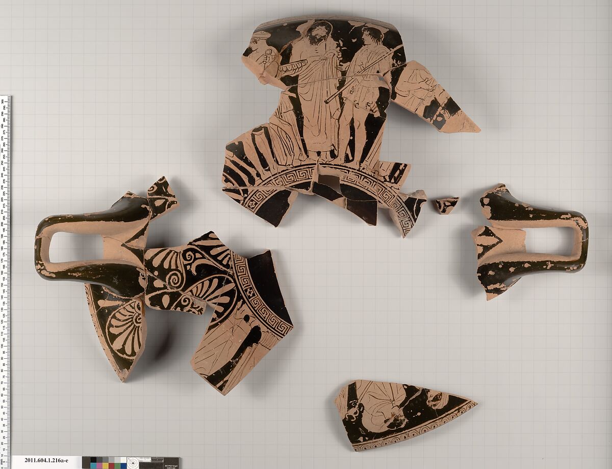 Terracotta fragments of a kylix (drinking cup), Terracotta, Greek, Attic