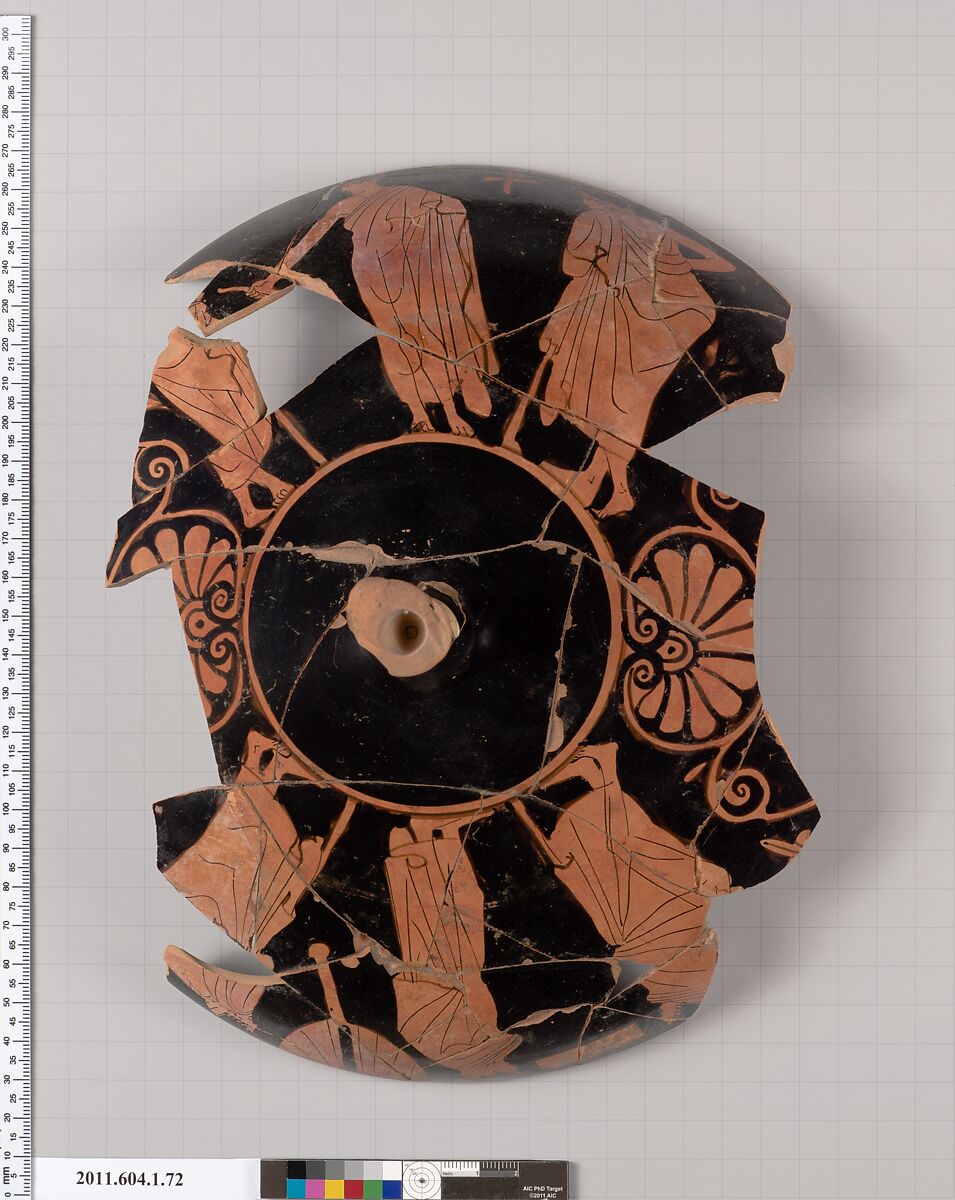 Terracotta fragments of a kylix (drinking cup), Attributed to the Curtius Painter [DvB], Terracotta, Greek, Attic