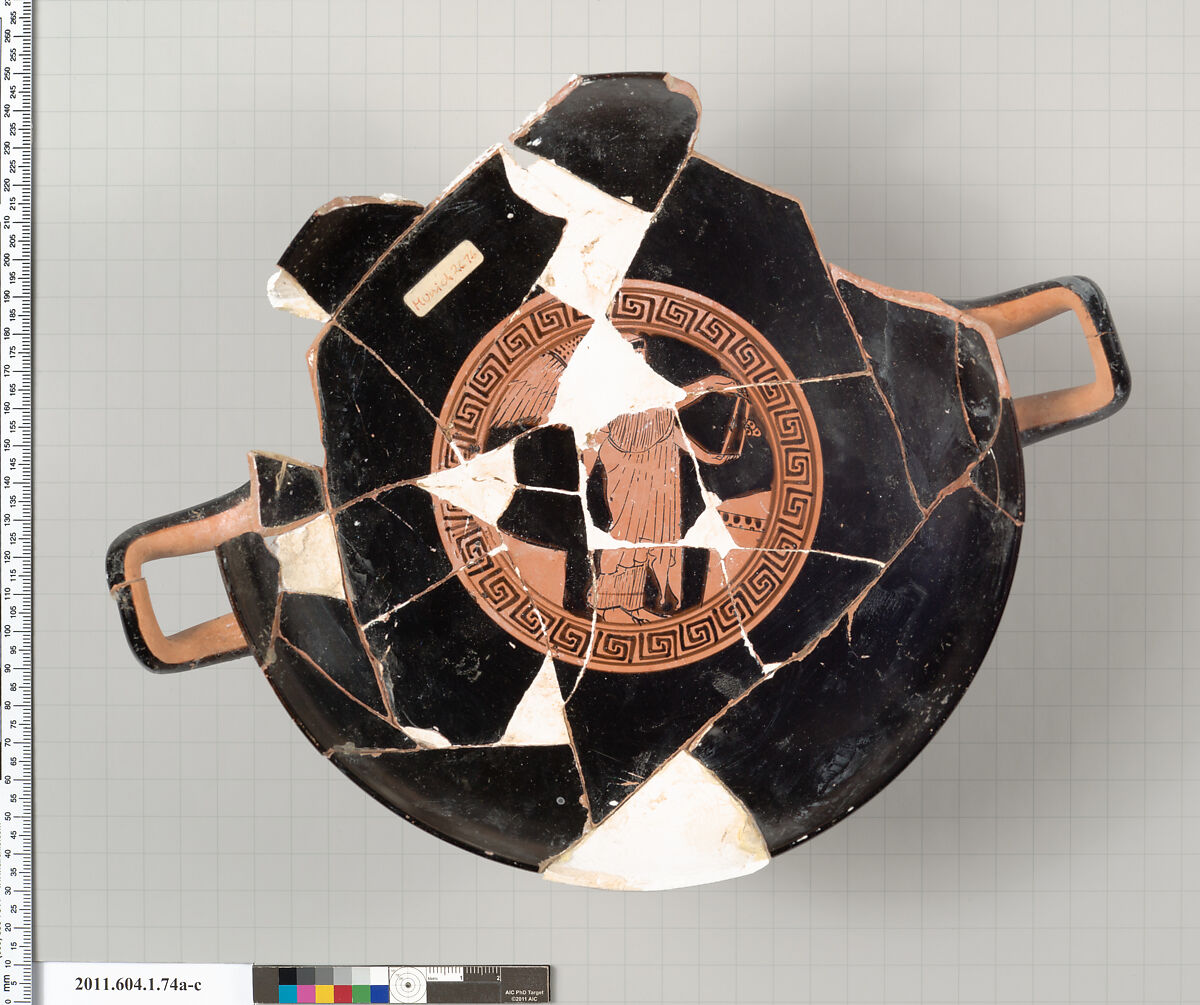 Terracotta fragments of a kylix (drinking cup), Attributed to the Painter of Munich 2676 [DvB], Terracotta, Greek, Attic 