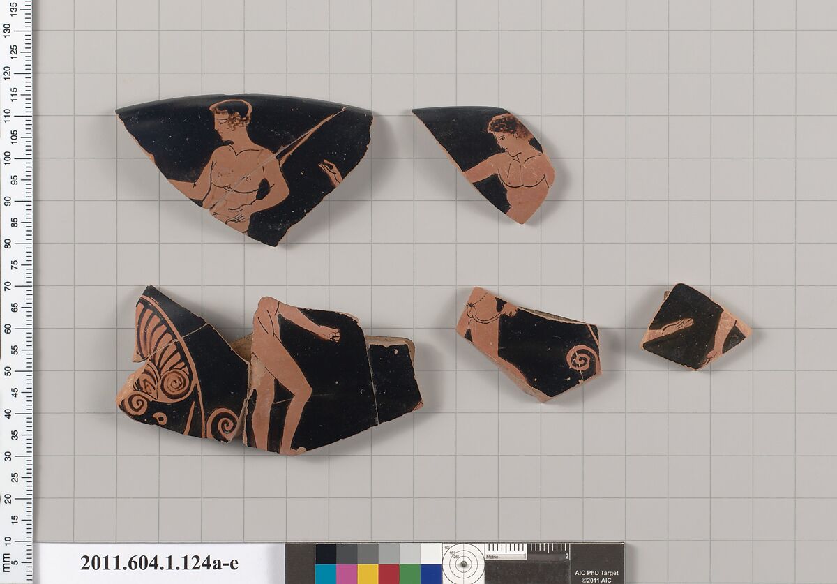 Terracotta fragments of a kylix (drinking cup), Attributed to the Koropi Painter [DvB], Terracotta, Greek, Attic