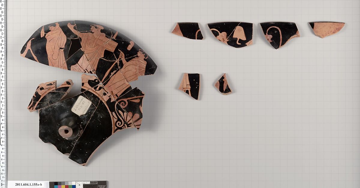 Terracotta fragments of a kylix (drinking cup), Attributed to the Comacchio Painter [DvB], Terracotta, Greek, Attic