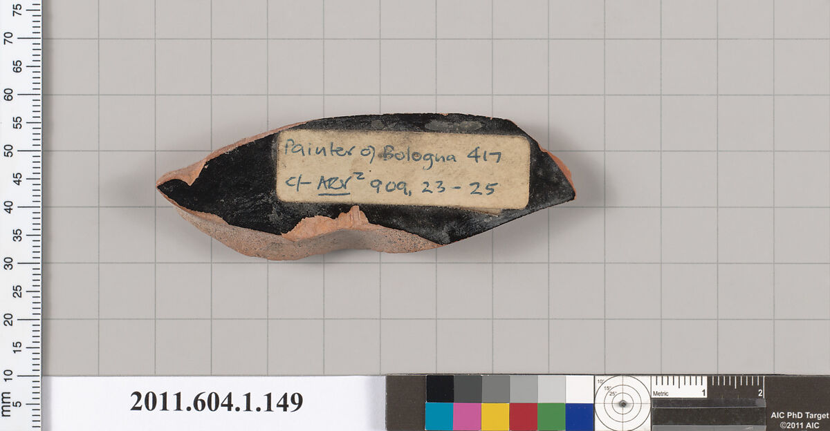 Terracotta fragment of a kylix (drinking cup), Attributed to the Painter of Bologna 417 [DvB], Terracotta, Greek, Attic