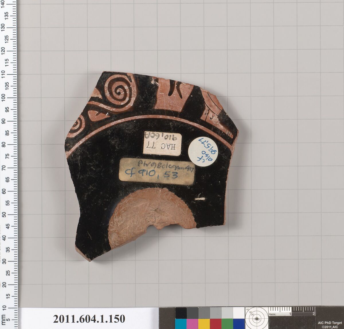 Terracotta fragment of a kylix (drinking cup), Attributed to the Painter of Bologna 417 [DvB], Terracotta, Greek, Attic