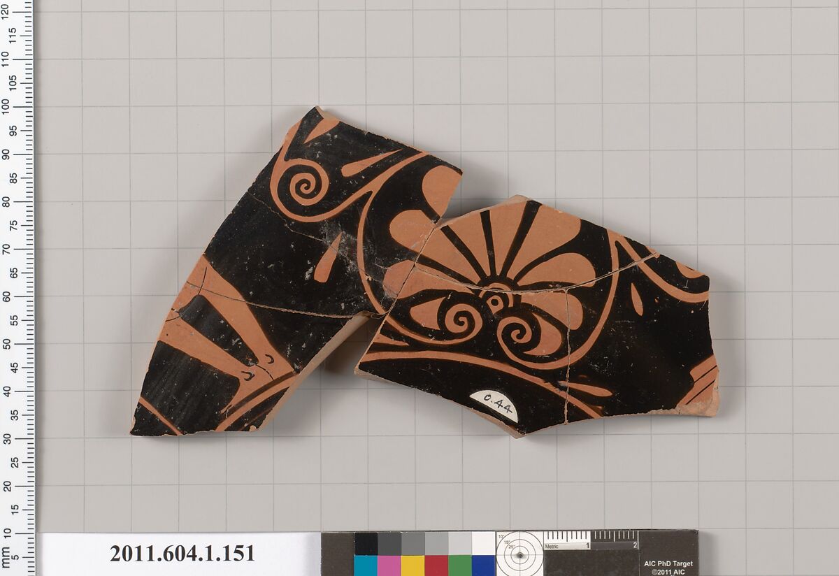 Terracotta fragment of a kylix (drinking cup), Attributed to the Painter of Bologna 417 [DvB], Terracotta, Greek, Attic