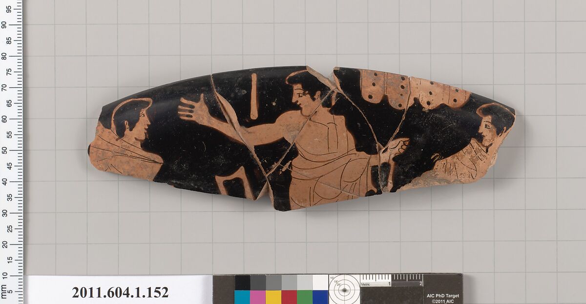 Terracotta rim fragment of a kylix (drinking cup), Attributed to the Painter of Bologna 417 [DvB], Terracotta, Greek, Attic 