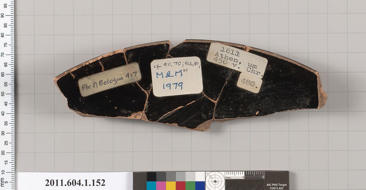 Terracotta rim fragment of a kylix (drinking cup), Attributed to the Painter of Bologna 417 [DvB], Terracotta, Greek, Attic