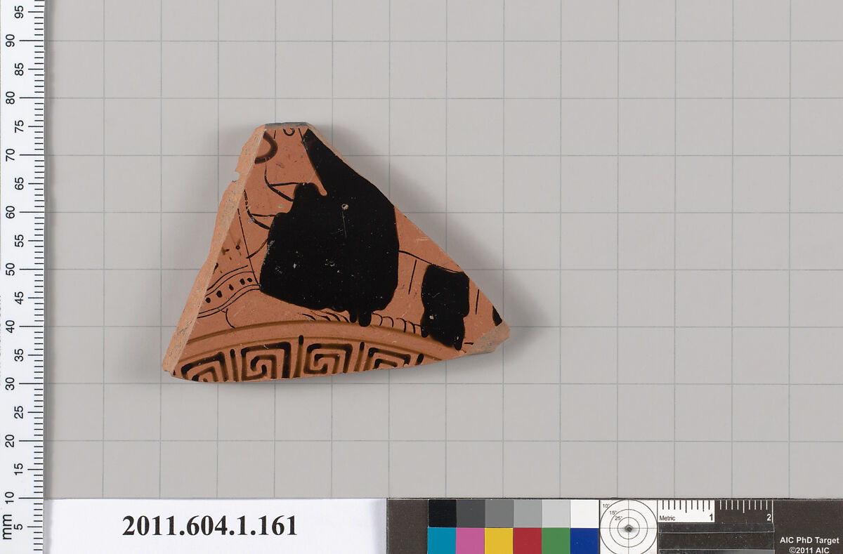 Terracotta fragment of a kylix (drinking cup), Attributed to the Penthesilea Painter [DvB], Terracotta, Greek, Attic